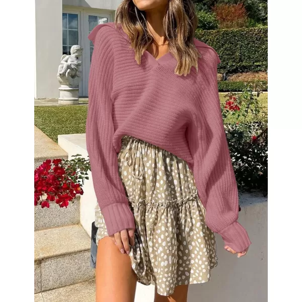 ZESICA Womens 2024 Fall Lapel Collar V Neck Long Sleeve Ribbed Knit Comfy Loose Casual Pullover Sweater Jumper TopDustypink