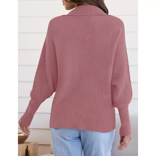 ZESICA Womens 2024 Fall Lapel Collar V Neck Long Sleeve Ribbed Knit Comfy Loose Casual Pullover Sweater Jumper TopDustypink