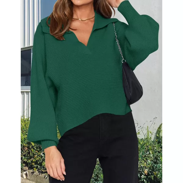 ZESICA Womens 2024 Fall Lapel Collar V Neck Long Sleeve Ribbed Knit Comfy Loose Casual Pullover Sweater Jumper TopForestgreen