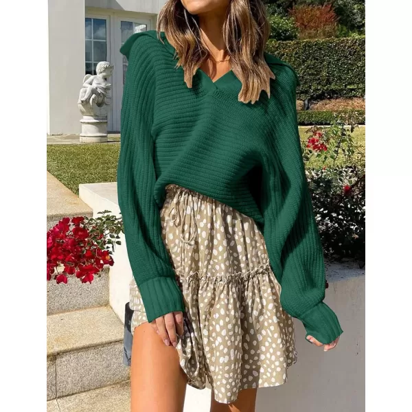 ZESICA Womens 2024 Fall Lapel Collar V Neck Long Sleeve Ribbed Knit Comfy Loose Casual Pullover Sweater Jumper TopForestgreen