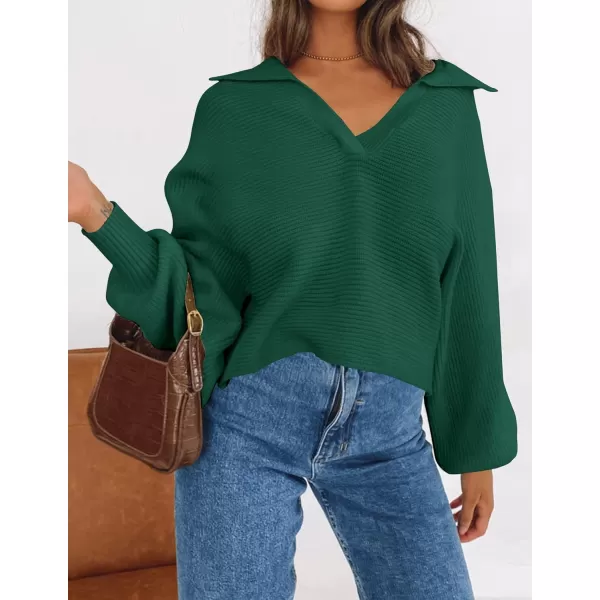 ZESICA Womens 2024 Fall Lapel Collar V Neck Long Sleeve Ribbed Knit Comfy Loose Casual Pullover Sweater Jumper TopForestgreen