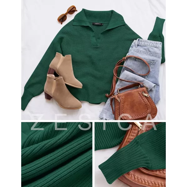 ZESICA Womens 2024 Fall Lapel Collar V Neck Long Sleeve Ribbed Knit Comfy Loose Casual Pullover Sweater Jumper TopForestgreen