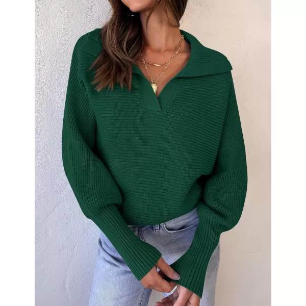 ZESICA Womens 2024 Fall Lapel Collar V Neck Long Sleeve Ribbed Knit Comfy Loose Casual Pullover Sweater Jumper TopForestgreen