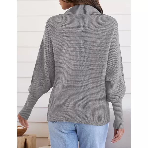 ZESICA Womens 2024 Fall Lapel Collar V Neck Long Sleeve Ribbed Knit Comfy Loose Casual Pullover Sweater Jumper TopGrey