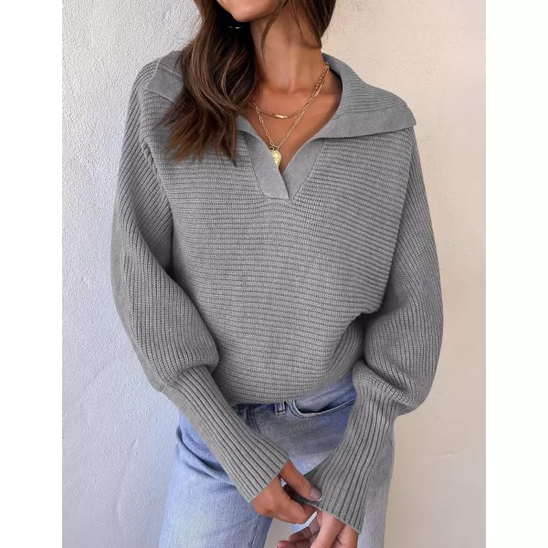 ZESICA Womens 2024 Fall Lapel Collar V Neck Long Sleeve Ribbed Knit Comfy Loose Casual Pullover Sweater Jumper TopGrey