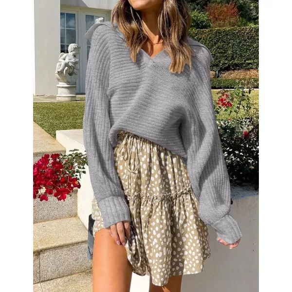 ZESICA Womens 2024 Fall Lapel Collar V Neck Long Sleeve Ribbed Knit Comfy Loose Casual Pullover Sweater Jumper TopGrey