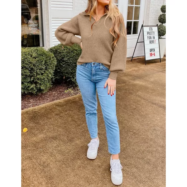 ZESICA Womens 2024 Fall Lapel Collar V Neck Long Sleeve Ribbed Knit Comfy Loose Casual Pullover Sweater Jumper TopKhaki