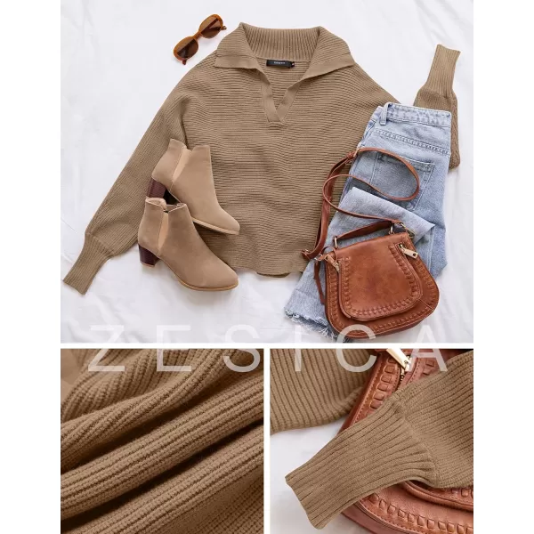 ZESICA Womens 2024 Fall Lapel Collar V Neck Long Sleeve Ribbed Knit Comfy Loose Casual Pullover Sweater Jumper TopKhaki