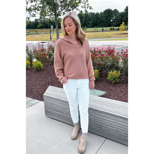 ZESICA Womens 2024 Fall Lapel Collar V Neck Long Sleeve Ribbed Knit Comfy Loose Casual Pullover Sweater Jumper TopKhaki
