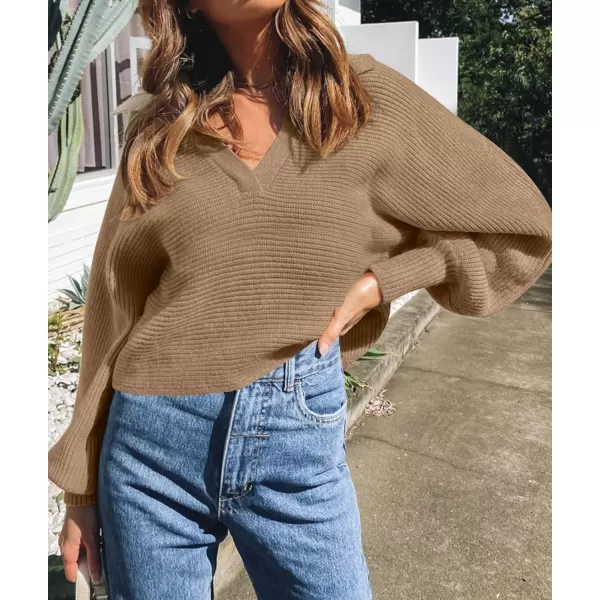 ZESICA Womens 2024 Fall Lapel Collar V Neck Long Sleeve Ribbed Knit Comfy Loose Casual Pullover Sweater Jumper TopKhaki
