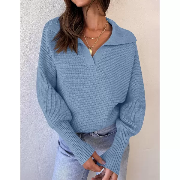 ZESICA Womens 2024 Fall Lapel Collar V Neck Long Sleeve Ribbed Knit Comfy Loose Casual Pullover Sweater Jumper TopLightblue