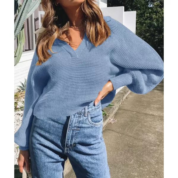ZESICA Womens 2024 Fall Lapel Collar V Neck Long Sleeve Ribbed Knit Comfy Loose Casual Pullover Sweater Jumper TopLightblue