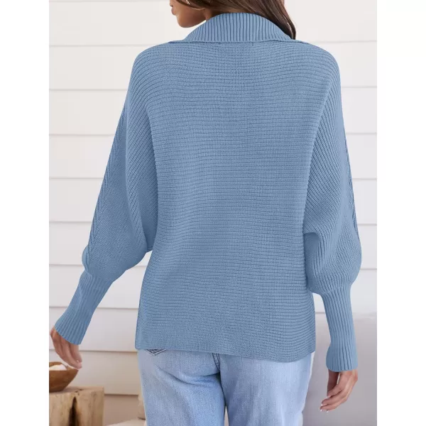 ZESICA Womens 2024 Fall Lapel Collar V Neck Long Sleeve Ribbed Knit Comfy Loose Casual Pullover Sweater Jumper TopLightblue
