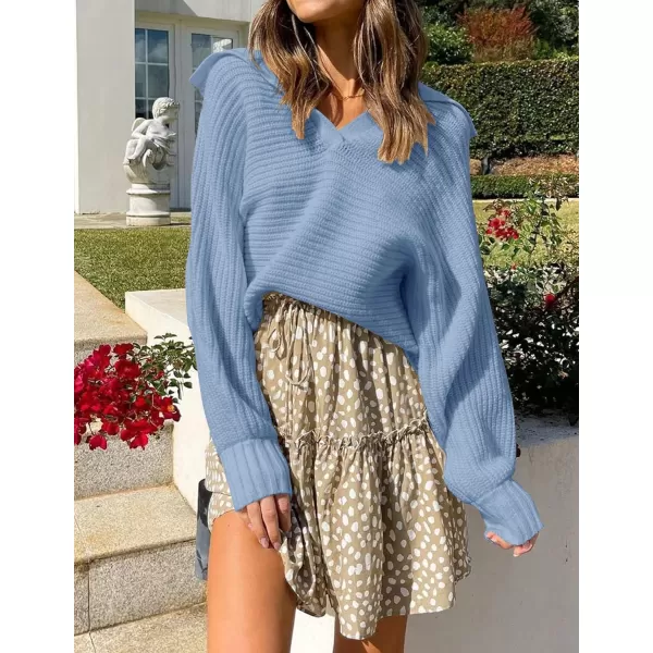 ZESICA Womens 2024 Fall Lapel Collar V Neck Long Sleeve Ribbed Knit Comfy Loose Casual Pullover Sweater Jumper TopLightblue