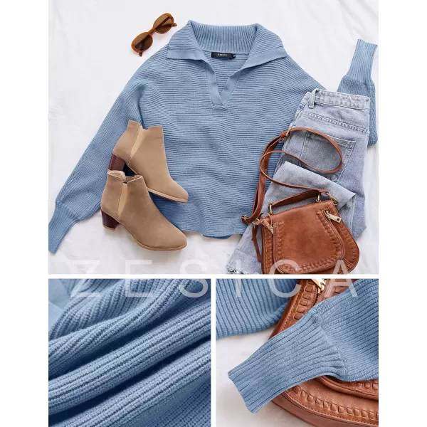 ZESICA Womens 2024 Fall Lapel Collar V Neck Long Sleeve Ribbed Knit Comfy Loose Casual Pullover Sweater Jumper TopLightblue