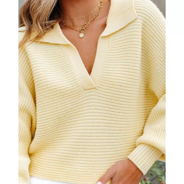ZESICA Womens 2024 Fall Lapel Collar V Neck Long Sleeve Ribbed Knit Comfy Loose Casual Pullover Sweater Jumper TopLightyellow