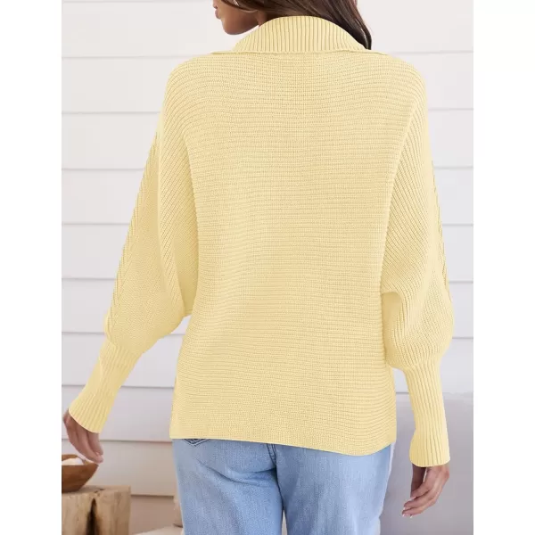 ZESICA Womens 2024 Fall Lapel Collar V Neck Long Sleeve Ribbed Knit Comfy Loose Casual Pullover Sweater Jumper TopLightyellow