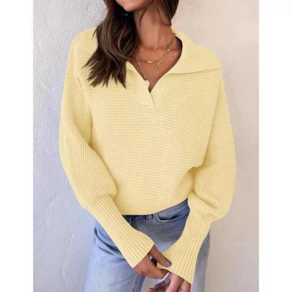 ZESICA Womens 2024 Fall Lapel Collar V Neck Long Sleeve Ribbed Knit Comfy Loose Casual Pullover Sweater Jumper TopLightyellow