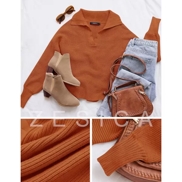 ZESICA Womens 2024 Fall Lapel Collar V Neck Long Sleeve Ribbed Knit Comfy Loose Casual Pullover Sweater Jumper TopMaple
