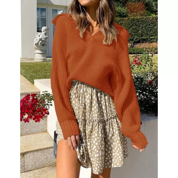 ZESICA Womens 2024 Fall Lapel Collar V Neck Long Sleeve Ribbed Knit Comfy Loose Casual Pullover Sweater Jumper TopMaple