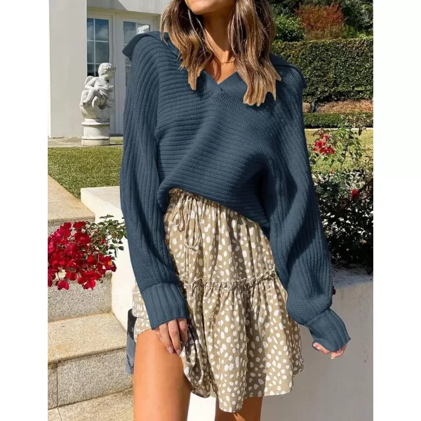 ZESICA Womens 2024 Fall Lapel Collar V Neck Long Sleeve Ribbed Knit Comfy Loose Casual Pullover Sweater Jumper TopNavy