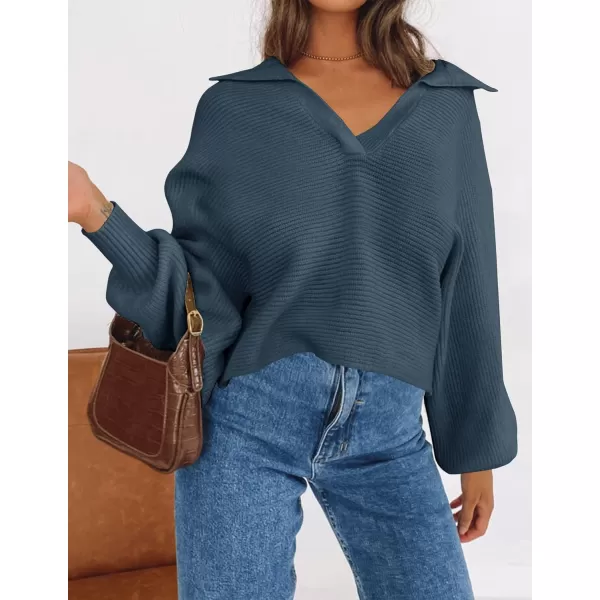 ZESICA Womens 2024 Fall Lapel Collar V Neck Long Sleeve Ribbed Knit Comfy Loose Casual Pullover Sweater Jumper TopNavy
