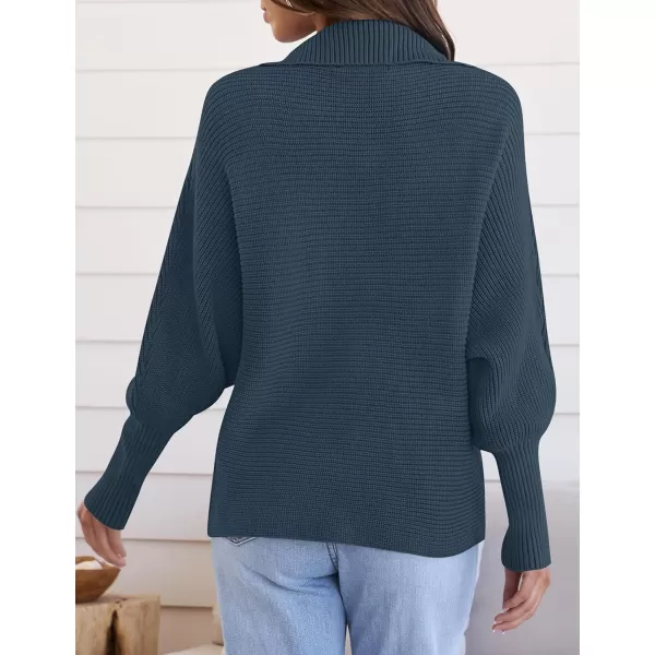 ZESICA Womens 2024 Fall Lapel Collar V Neck Long Sleeve Ribbed Knit Comfy Loose Casual Pullover Sweater Jumper TopNavy