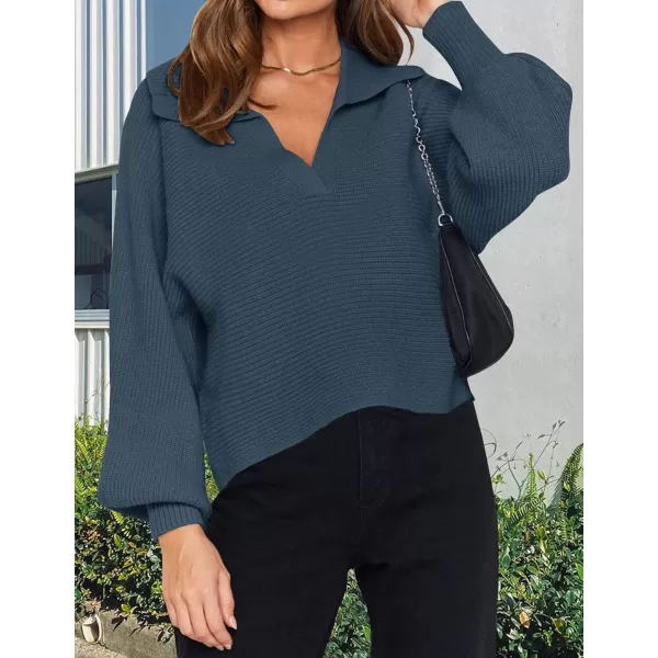 ZESICA Womens 2024 Fall Lapel Collar V Neck Long Sleeve Ribbed Knit Comfy Loose Casual Pullover Sweater Jumper TopNavy