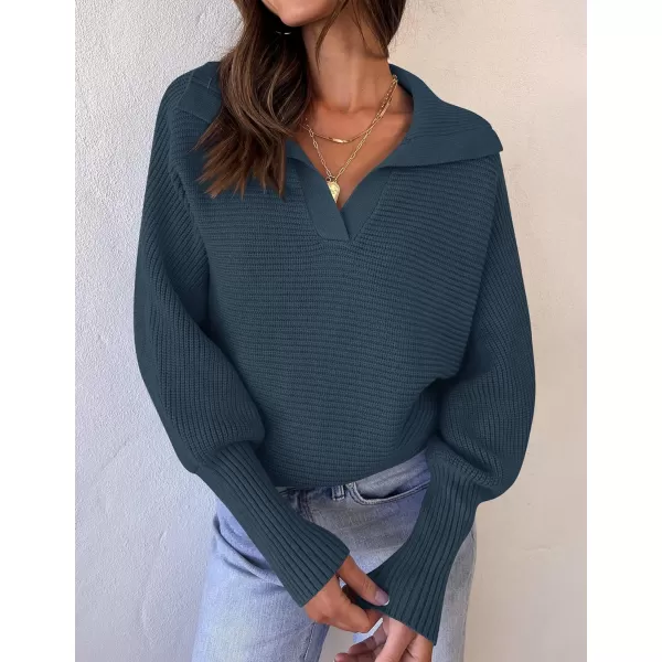 ZESICA Womens 2024 Fall Lapel Collar V Neck Long Sleeve Ribbed Knit Comfy Loose Casual Pullover Sweater Jumper TopNavy