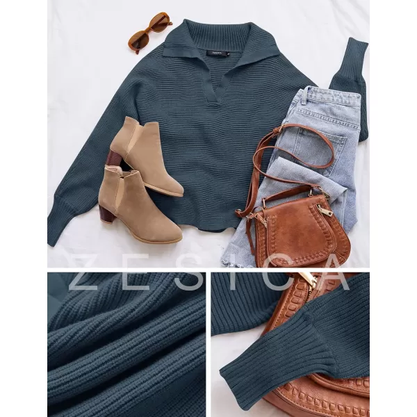 ZESICA Womens 2024 Fall Lapel Collar V Neck Long Sleeve Ribbed Knit Comfy Loose Casual Pullover Sweater Jumper TopNavy