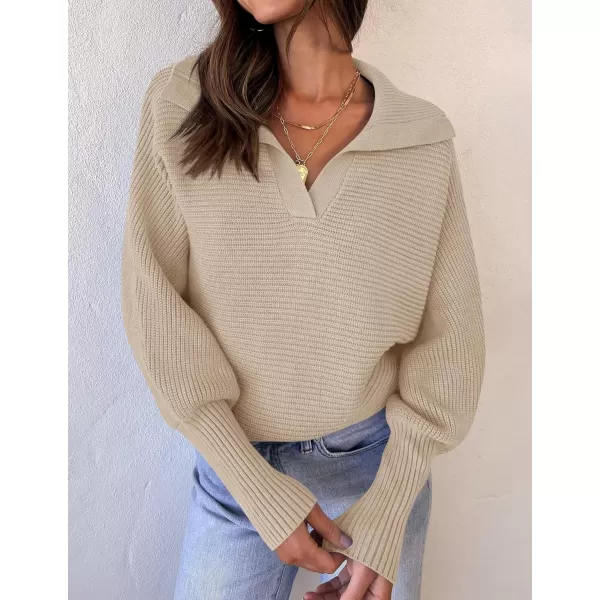 ZESICA Womens 2024 Fall Lapel Collar V Neck Long Sleeve Ribbed Knit Comfy Loose Casual Pullover Sweater Jumper TopOatmeal