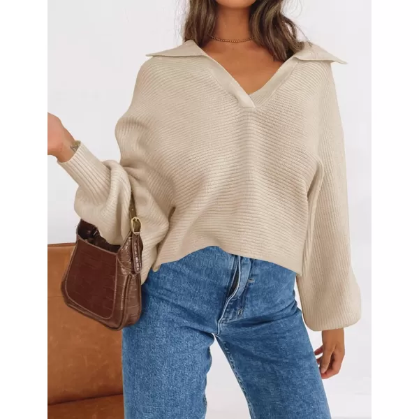 ZESICA Womens 2024 Fall Lapel Collar V Neck Long Sleeve Ribbed Knit Comfy Loose Casual Pullover Sweater Jumper TopOatmeal