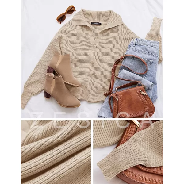 ZESICA Womens 2024 Fall Lapel Collar V Neck Long Sleeve Ribbed Knit Comfy Loose Casual Pullover Sweater Jumper TopOatmeal