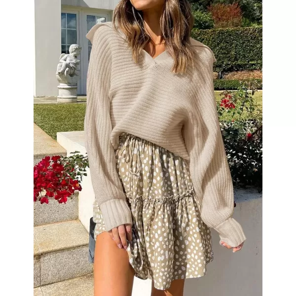 ZESICA Womens 2024 Fall Lapel Collar V Neck Long Sleeve Ribbed Knit Comfy Loose Casual Pullover Sweater Jumper TopOatmeal
