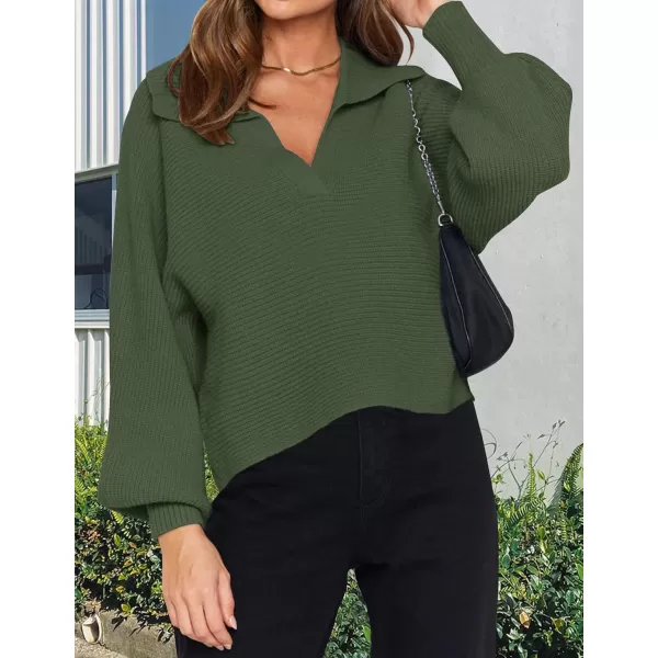 ZESICA Womens 2024 Fall Lapel Collar V Neck Long Sleeve Ribbed Knit Comfy Loose Casual Pullover Sweater Jumper TopOlive