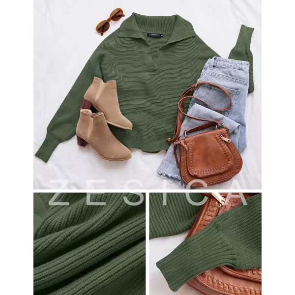 ZESICA Womens 2024 Fall Lapel Collar V Neck Long Sleeve Ribbed Knit Comfy Loose Casual Pullover Sweater Jumper TopOlive