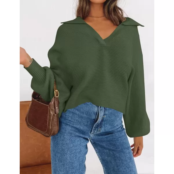 ZESICA Womens 2024 Fall Lapel Collar V Neck Long Sleeve Ribbed Knit Comfy Loose Casual Pullover Sweater Jumper TopOlive