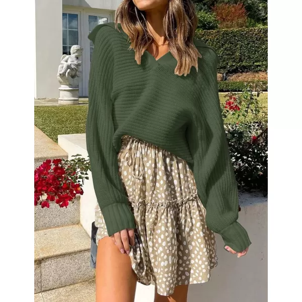 ZESICA Womens 2024 Fall Lapel Collar V Neck Long Sleeve Ribbed Knit Comfy Loose Casual Pullover Sweater Jumper TopOlive