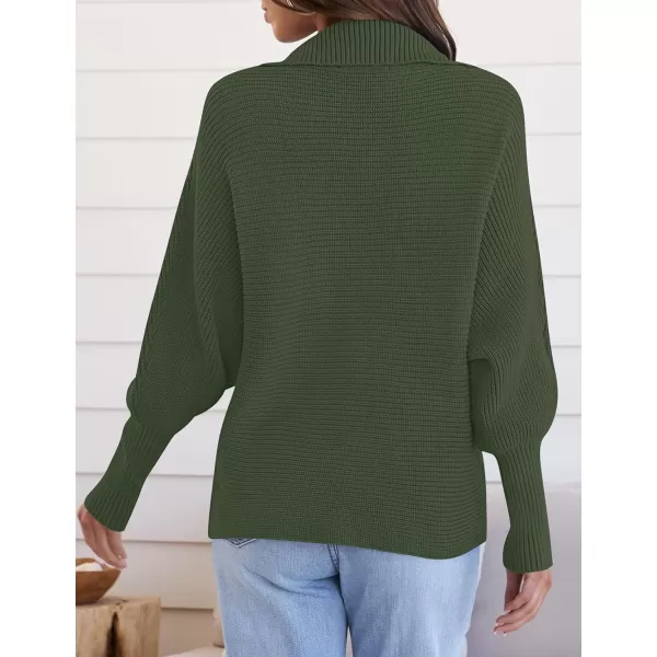 ZESICA Womens 2024 Fall Lapel Collar V Neck Long Sleeve Ribbed Knit Comfy Loose Casual Pullover Sweater Jumper TopOlive