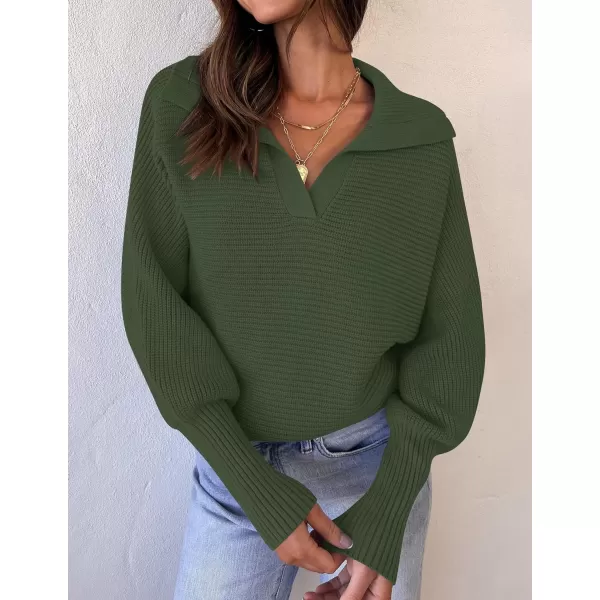ZESICA Womens 2024 Fall Lapel Collar V Neck Long Sleeve Ribbed Knit Comfy Loose Casual Pullover Sweater Jumper TopOlive