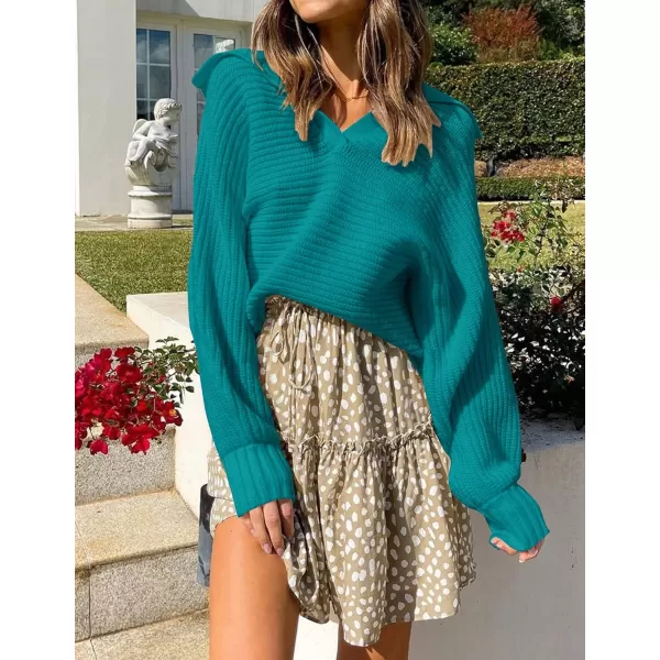 ZESICA Womens 2024 Fall Lapel Collar V Neck Long Sleeve Ribbed Knit Comfy Loose Casual Pullover Sweater Jumper TopPeacock
