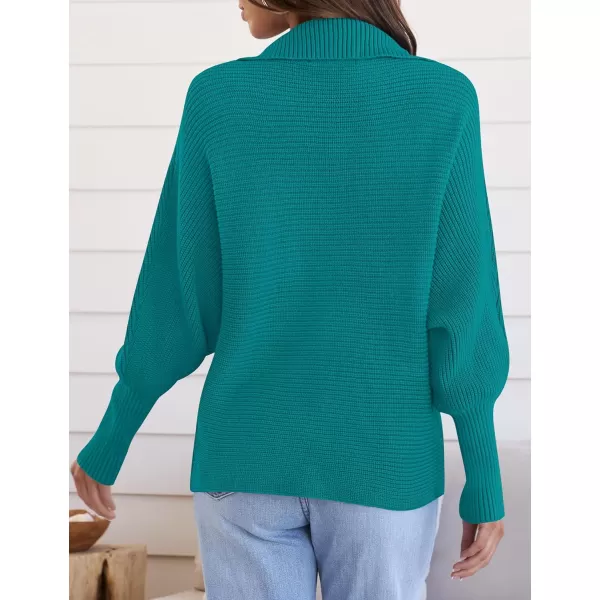 ZESICA Womens 2024 Fall Lapel Collar V Neck Long Sleeve Ribbed Knit Comfy Loose Casual Pullover Sweater Jumper TopPeacock