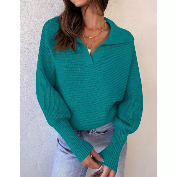 ZESICA Womens 2024 Fall Lapel Collar V Neck Long Sleeve Ribbed Knit Comfy Loose Casual Pullover Sweater Jumper TopPeacock