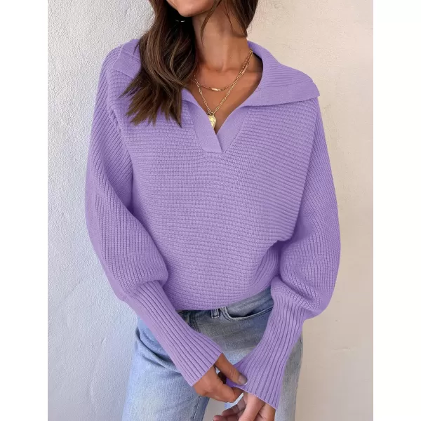 ZESICA Womens 2024 Fall Lapel Collar V Neck Long Sleeve Ribbed Knit Comfy Loose Casual Pullover Sweater Jumper TopPurple