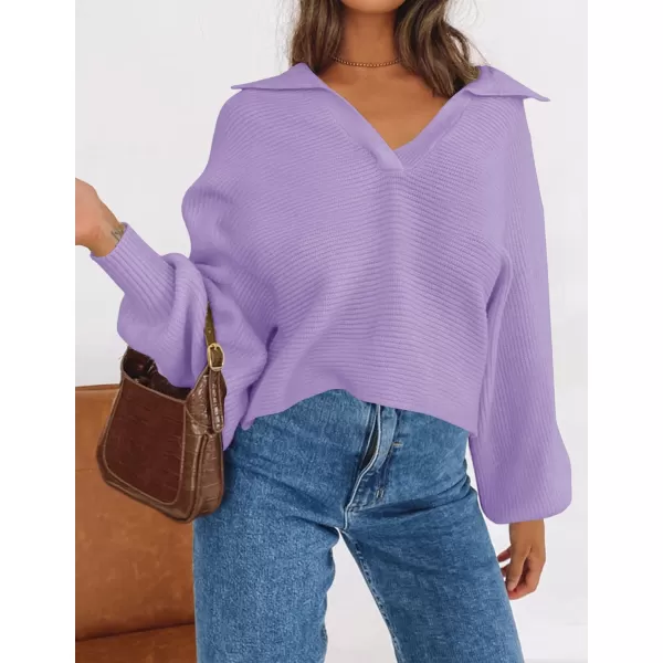 ZESICA Womens 2024 Fall Lapel Collar V Neck Long Sleeve Ribbed Knit Comfy Loose Casual Pullover Sweater Jumper TopPurple