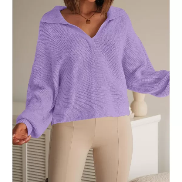 ZESICA Womens 2024 Fall Lapel Collar V Neck Long Sleeve Ribbed Knit Comfy Loose Casual Pullover Sweater Jumper TopPurple