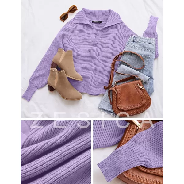 ZESICA Womens 2024 Fall Lapel Collar V Neck Long Sleeve Ribbed Knit Comfy Loose Casual Pullover Sweater Jumper TopPurple