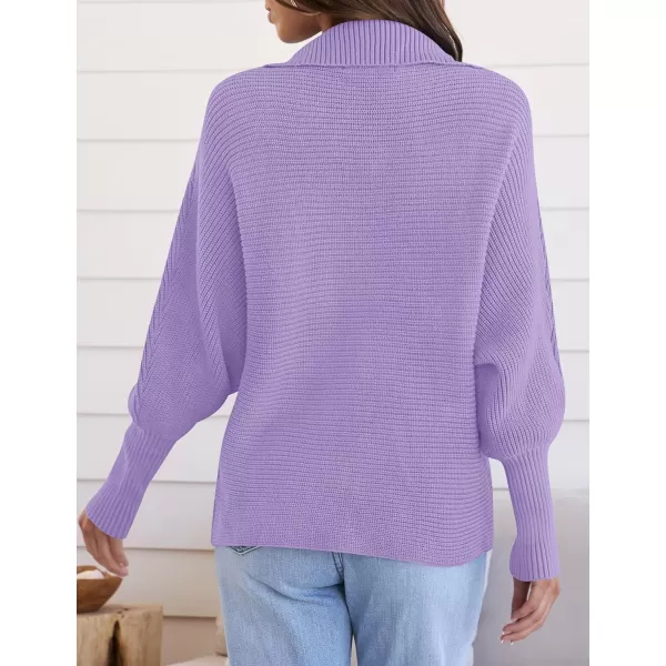 ZESICA Womens 2024 Fall Lapel Collar V Neck Long Sleeve Ribbed Knit Comfy Loose Casual Pullover Sweater Jumper TopPurple