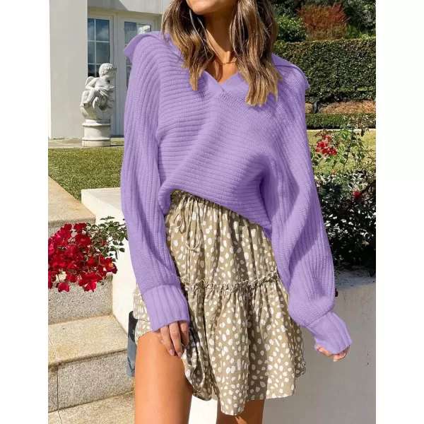 ZESICA Womens 2024 Fall Lapel Collar V Neck Long Sleeve Ribbed Knit Comfy Loose Casual Pullover Sweater Jumper TopPurple