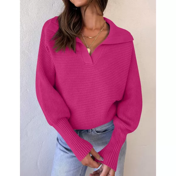 ZESICA Womens 2024 Fall Lapel Collar V Neck Long Sleeve Ribbed Knit Comfy Loose Casual Pullover Sweater Jumper TopRose
